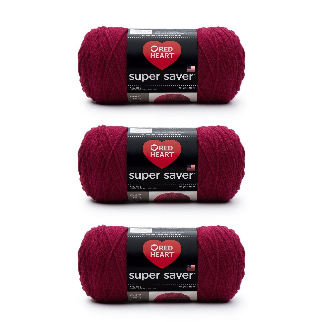 Red Heart Super Saver Burgundy Yarn - 3 Pack of 198g/7oz - Acrylic - 4 Medium (Worsted) - 364 Yards - Knitting/Crochet